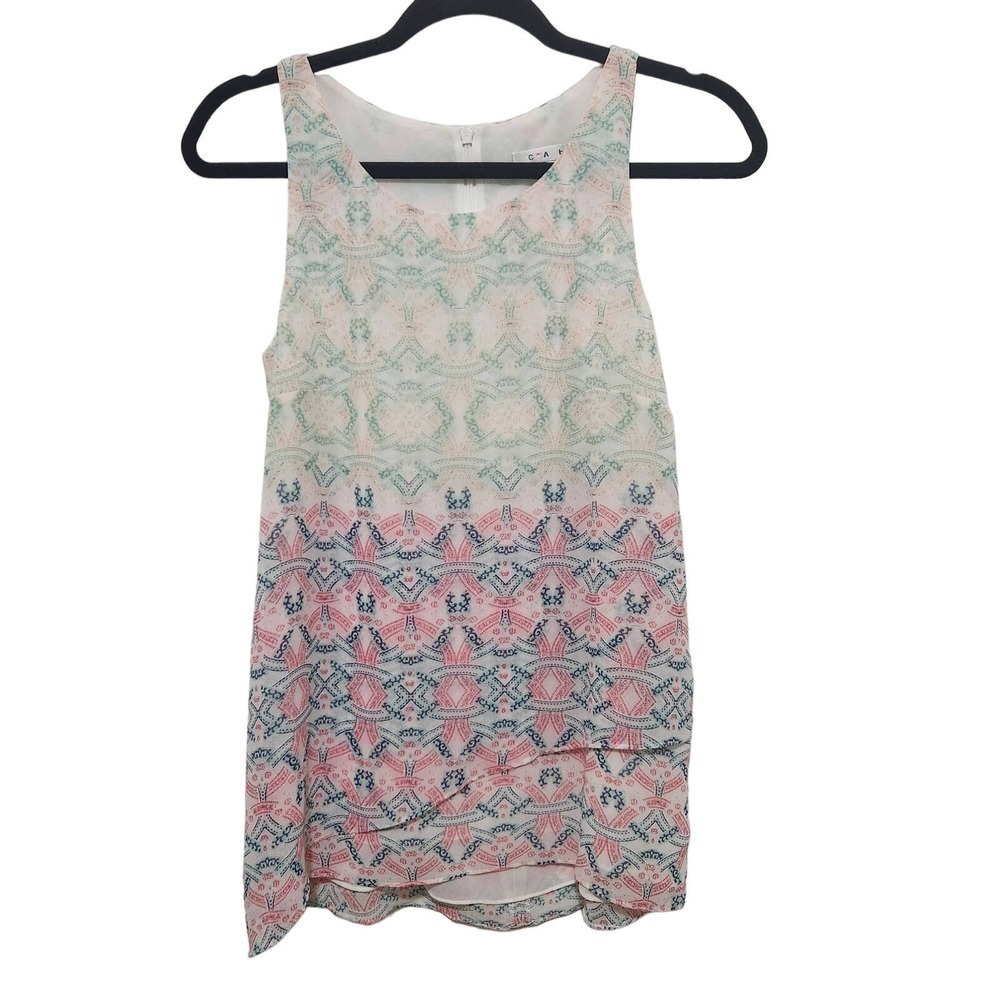 Cabi Factory Store Geometric Print Layered Tulip Hem Sleeveless Blouse XS 250